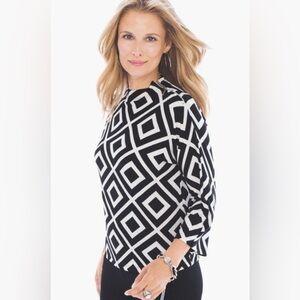 Travelers by Chico's Black & White Geometric Print Stretch Top 3/4 Length Sleeve